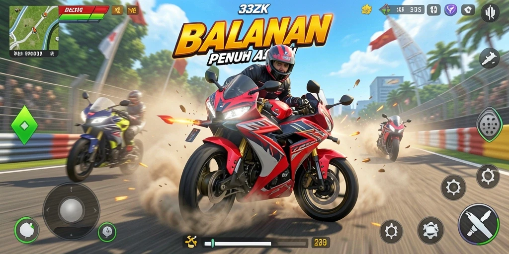 Screenshot gameplay 33ZK menampilkan aksi balapan motor yang seru.