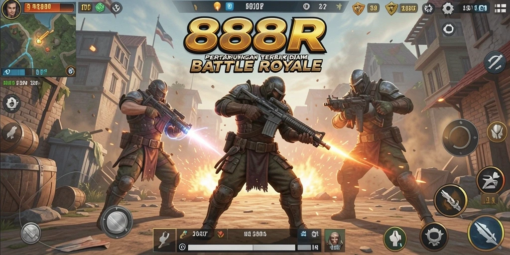 Tampak aksi mendebarkan dalam pertempuran 888R, menunjukkan gameplay Battle Royale yang seru.