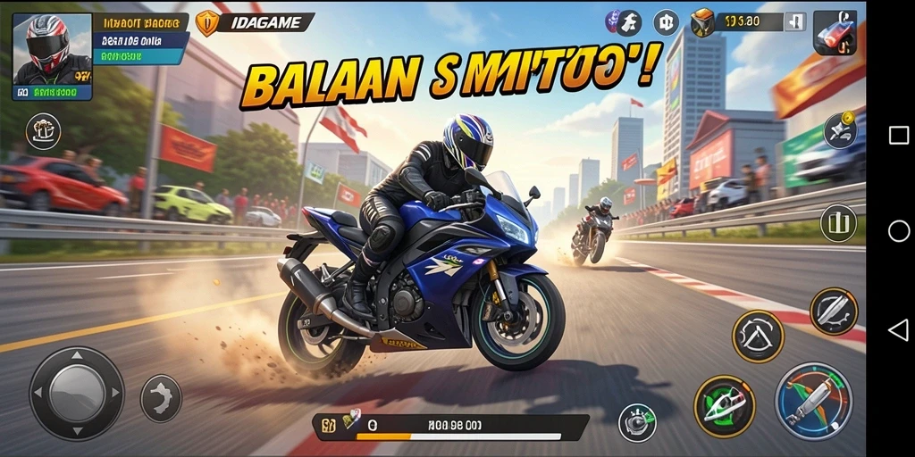 Screenshot IDAGAME menampilkan aksi balapan motor yang mendebarkan.