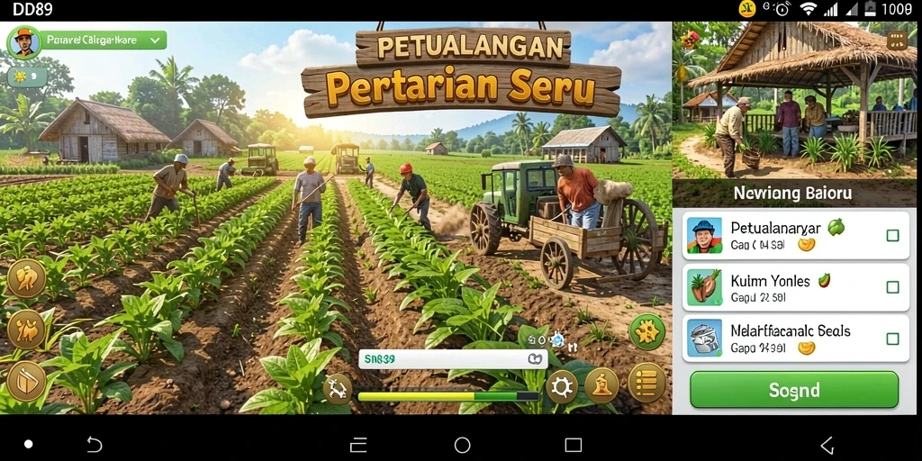 Tampilan utama gameplay IDR89 yang menunjukkan pertanian yang luas dan aktif.