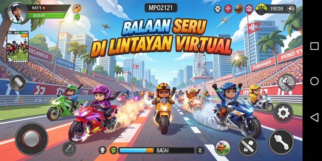 Tampilan gameplay seru dari MPO2121 saat balapan di lintasan cepat.