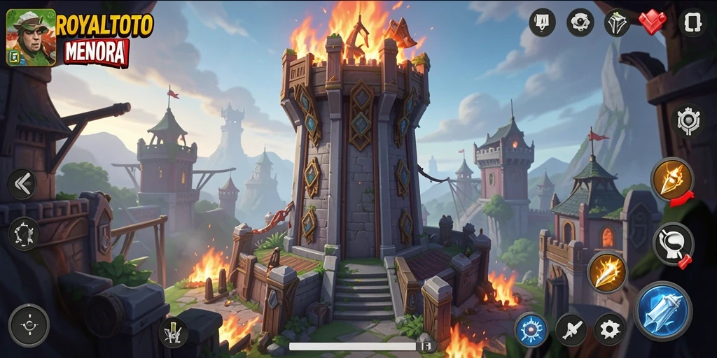 Tampilan mendebarkan dari gameplay Tower Defense ROYALTOTO dengan menara dan musuh yang menantang.