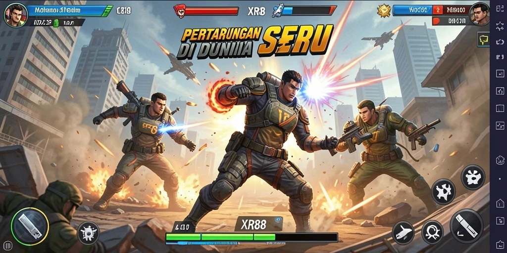 Gameplay XR88 menampilkan pertarungan seru dan dinamis antara karakter-karakter unik.